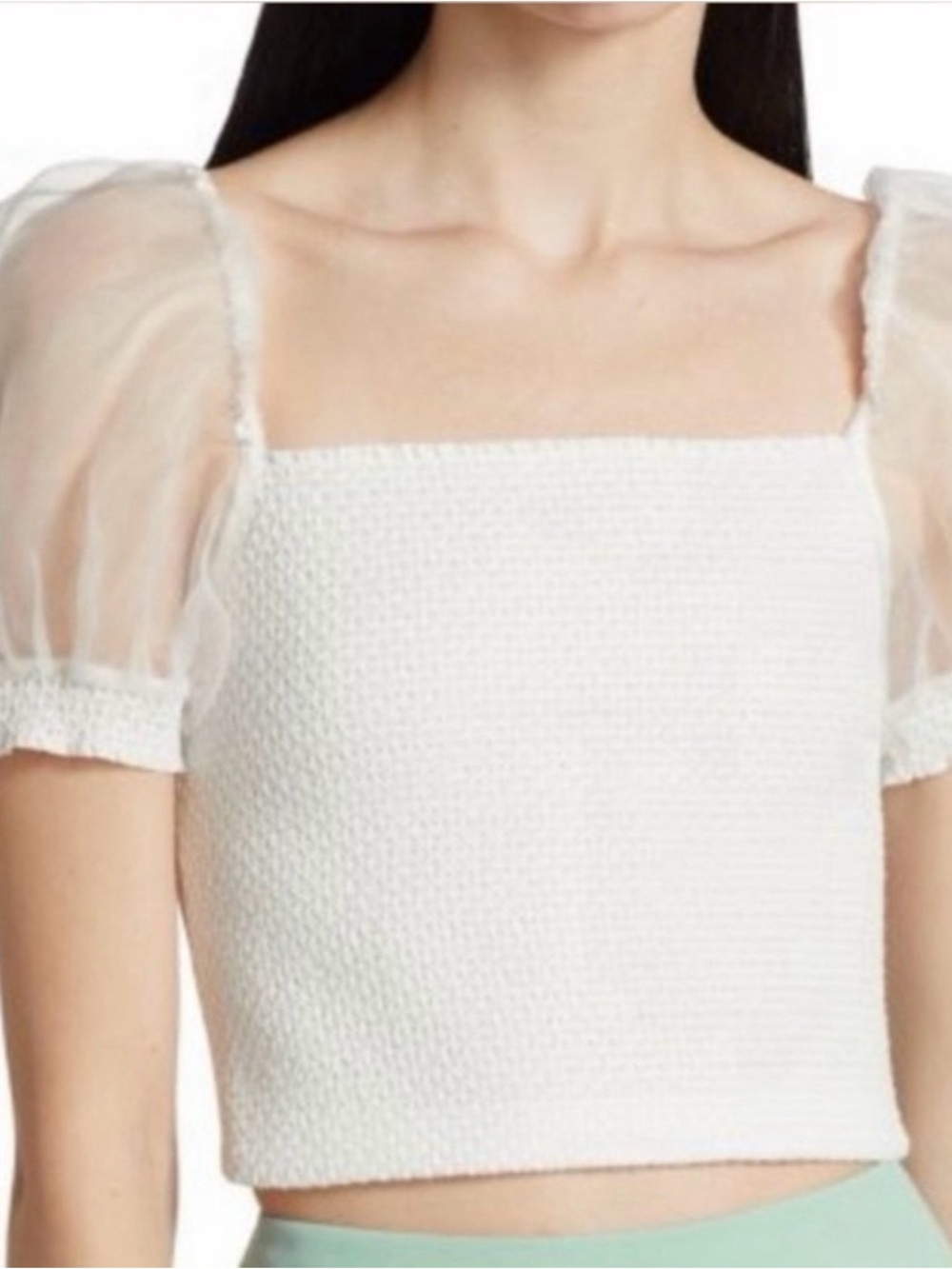 Alice + Olivia White Smocked Square Neck Crop Top with Sheer Puff Sleeves
